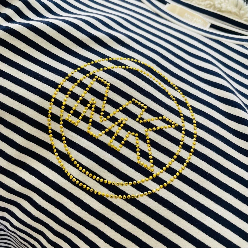 MICHAEL KORS Off Shoulder Navy Blue And White Striped Logo Studded Dress…
